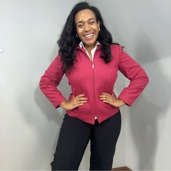 Vintage Pink Wool Cropped Short Jacket Zip Blazer Career Business Preppy Fitted - Picture 3 of 12